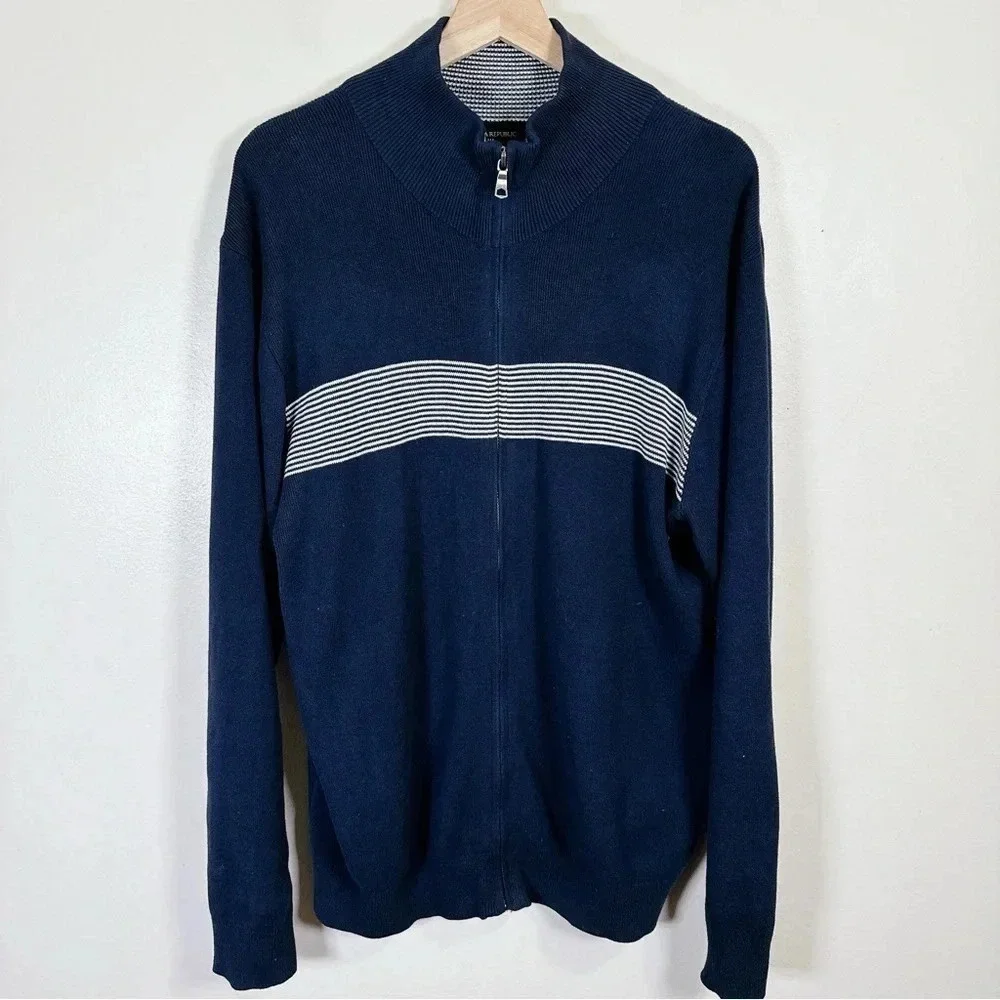 Banana Republic Navy Full Zip Horizontal Stripe Sweater Cardigan